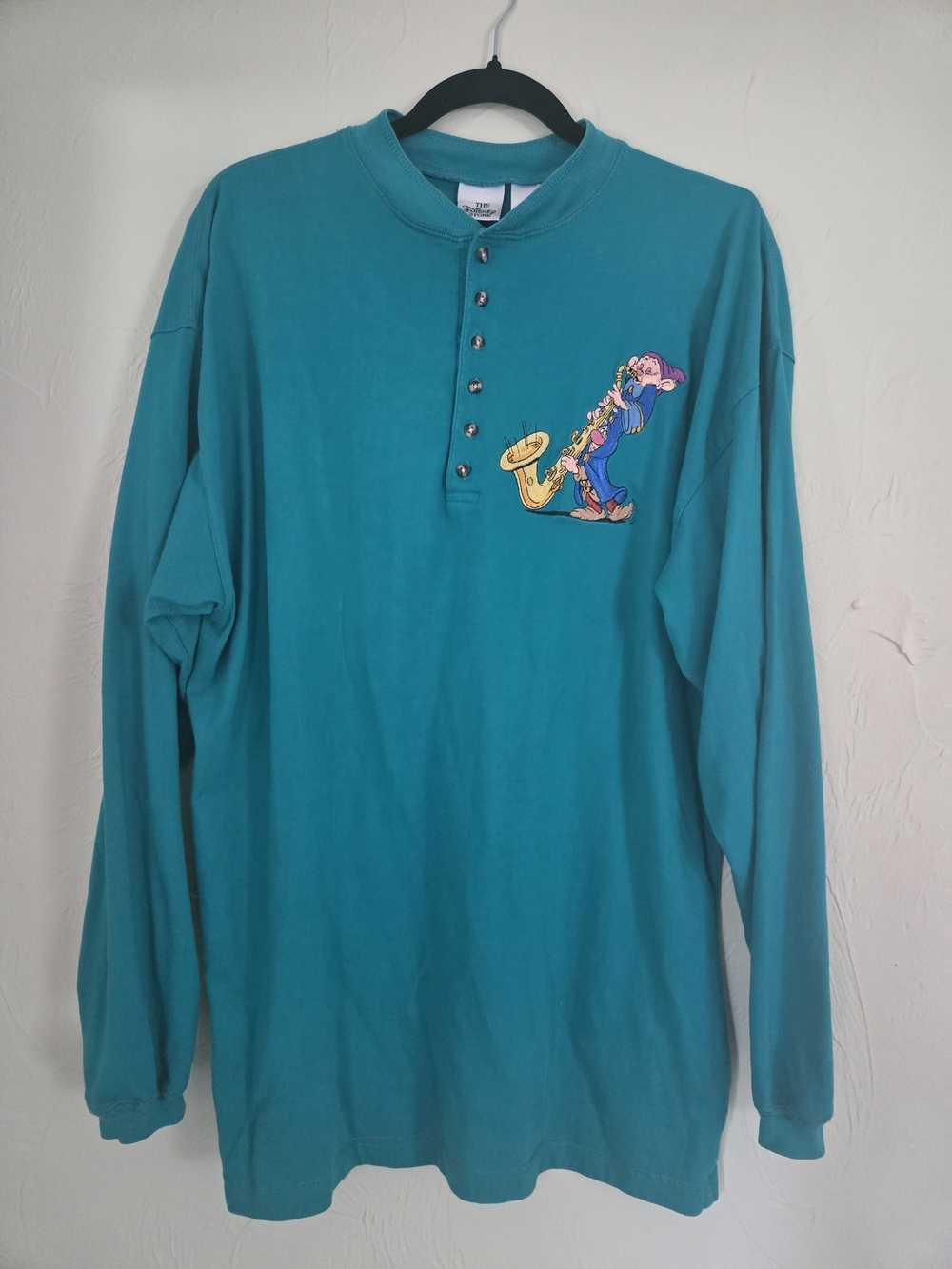 Vintage Disney Store Dopey Saxophone Teal Henley Shirt XL